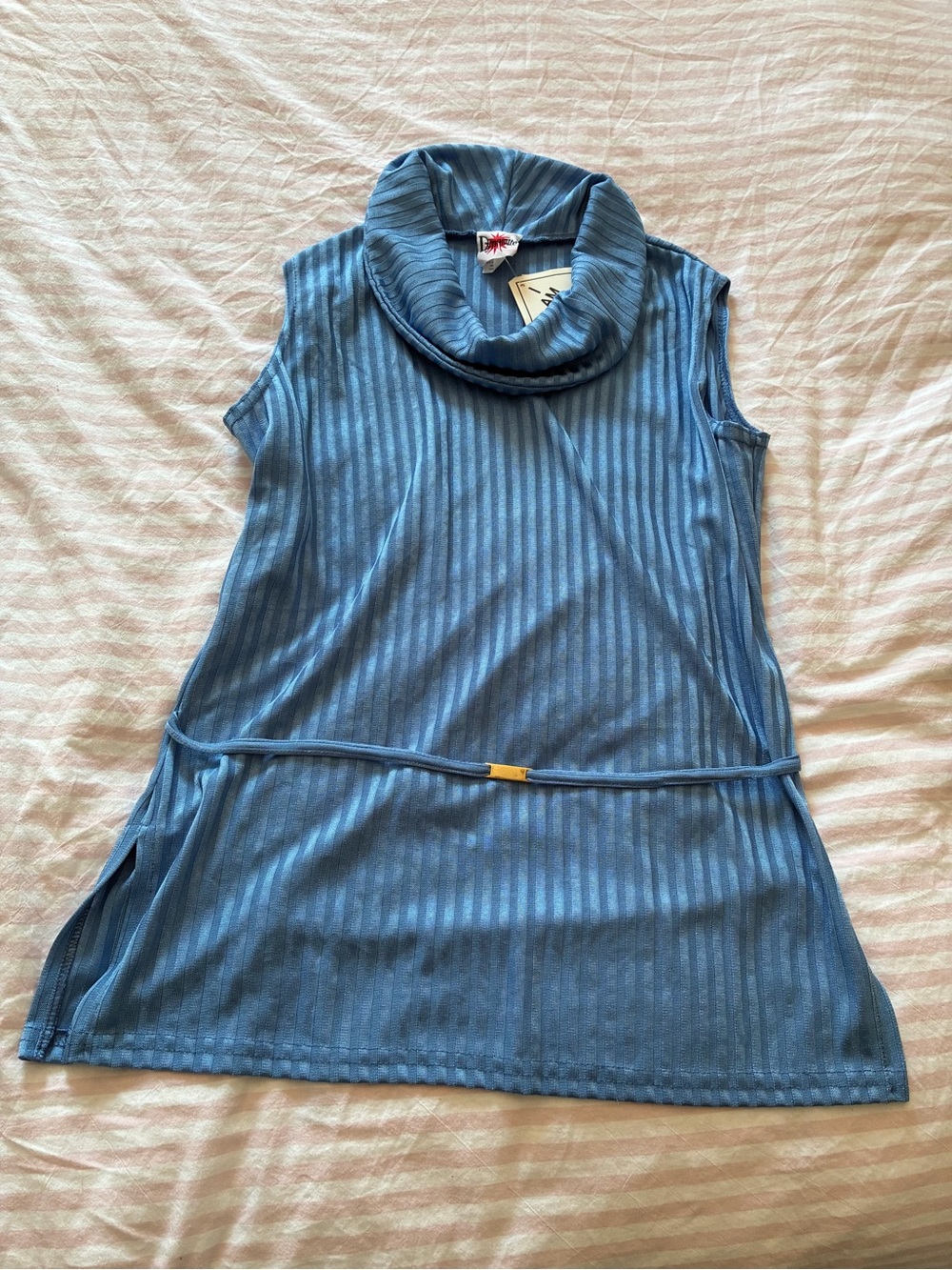 Dynamite Dusty Blue Sleeveless Ribbed Cowl Tunic with Waist Tie